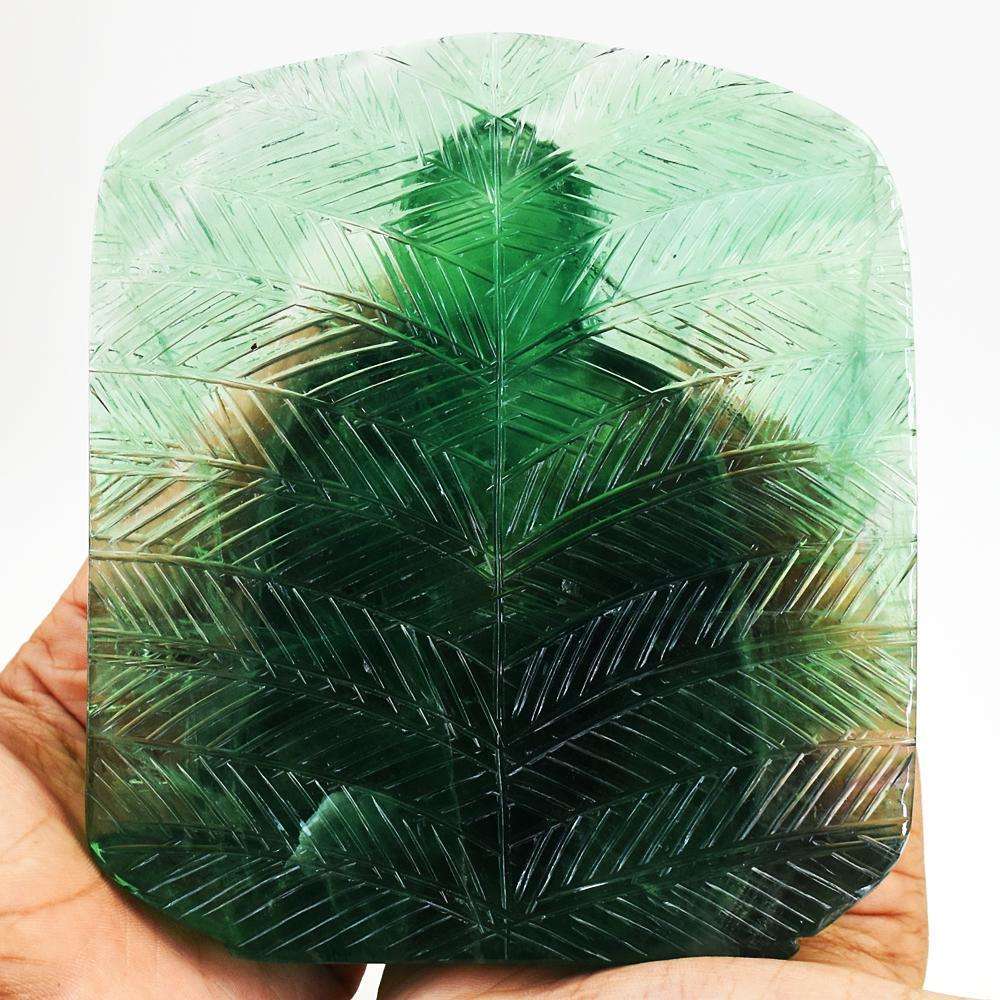 gemsmore:Craftsmen Green Fluorite Hand Carved Lord Buddha Palm Leaf Crystal Carving