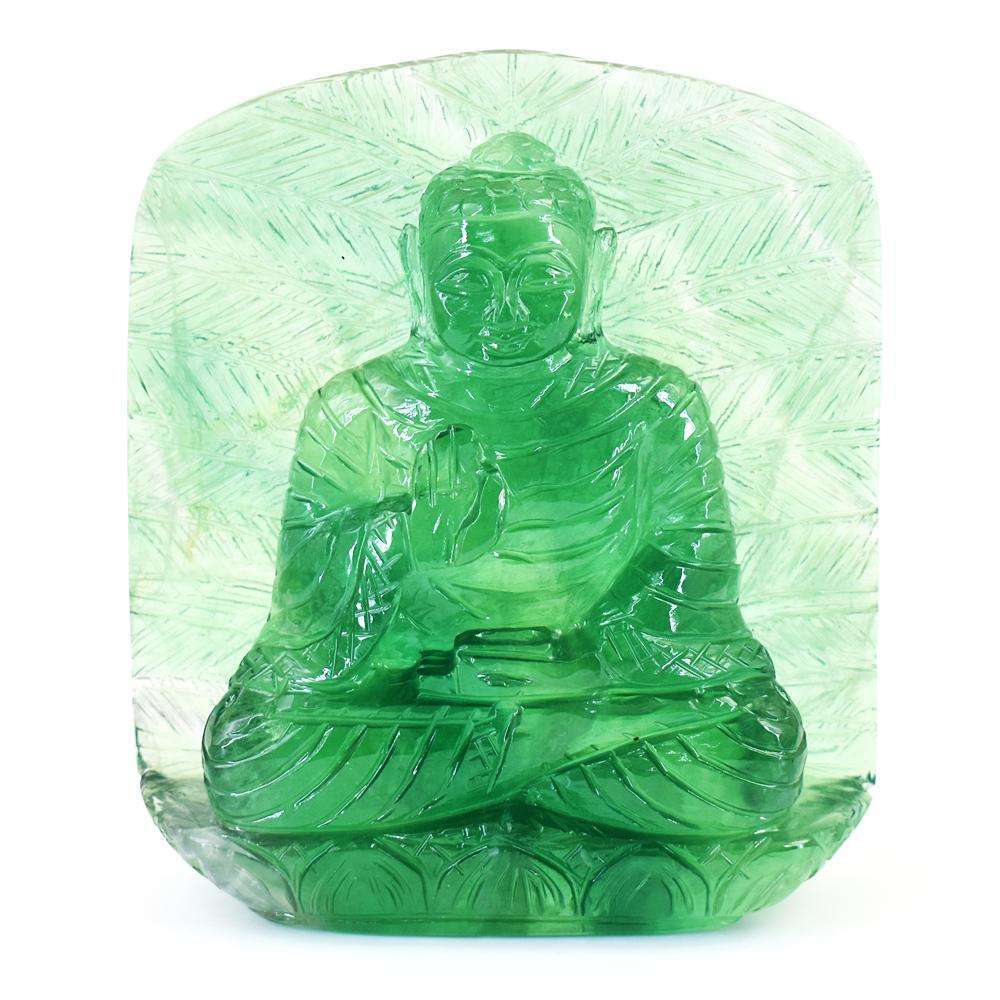 gemsmore:Craftsmen Green Fluorite Hand Carved Lord Buddha Palm Leaf Crystal Carving