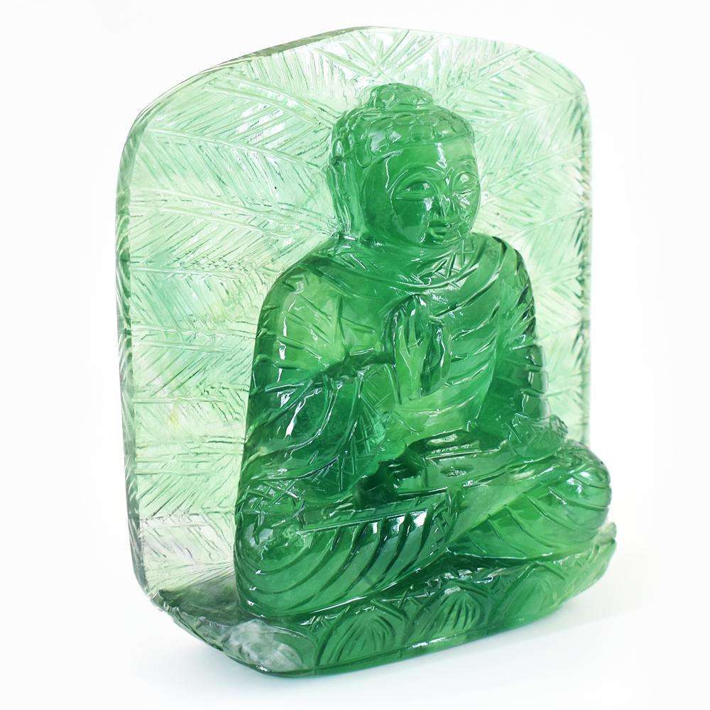 gemsmore:Craftsmen Green Fluorite Hand Carved Lord Buddha Palm Leaf Crystal Carving