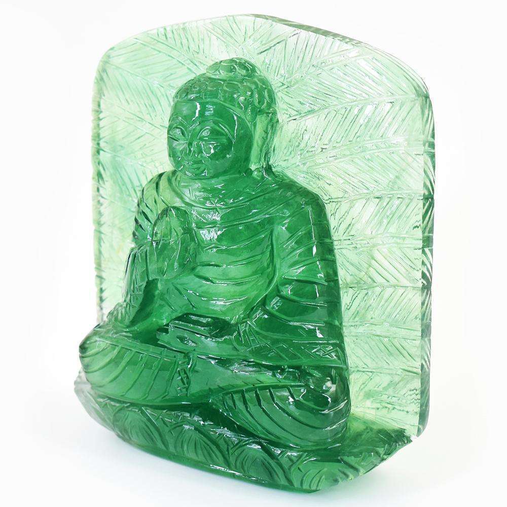 gemsmore:Craftsmen Green Fluorite Hand Carved Lord Buddha Palm Leaf Crystal Carving