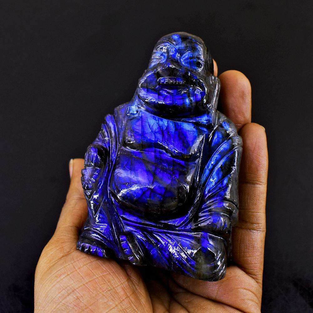 gemsmore:Craftsmen Hand Carved Blue Flash Labradorite Laughing Buddha Idol