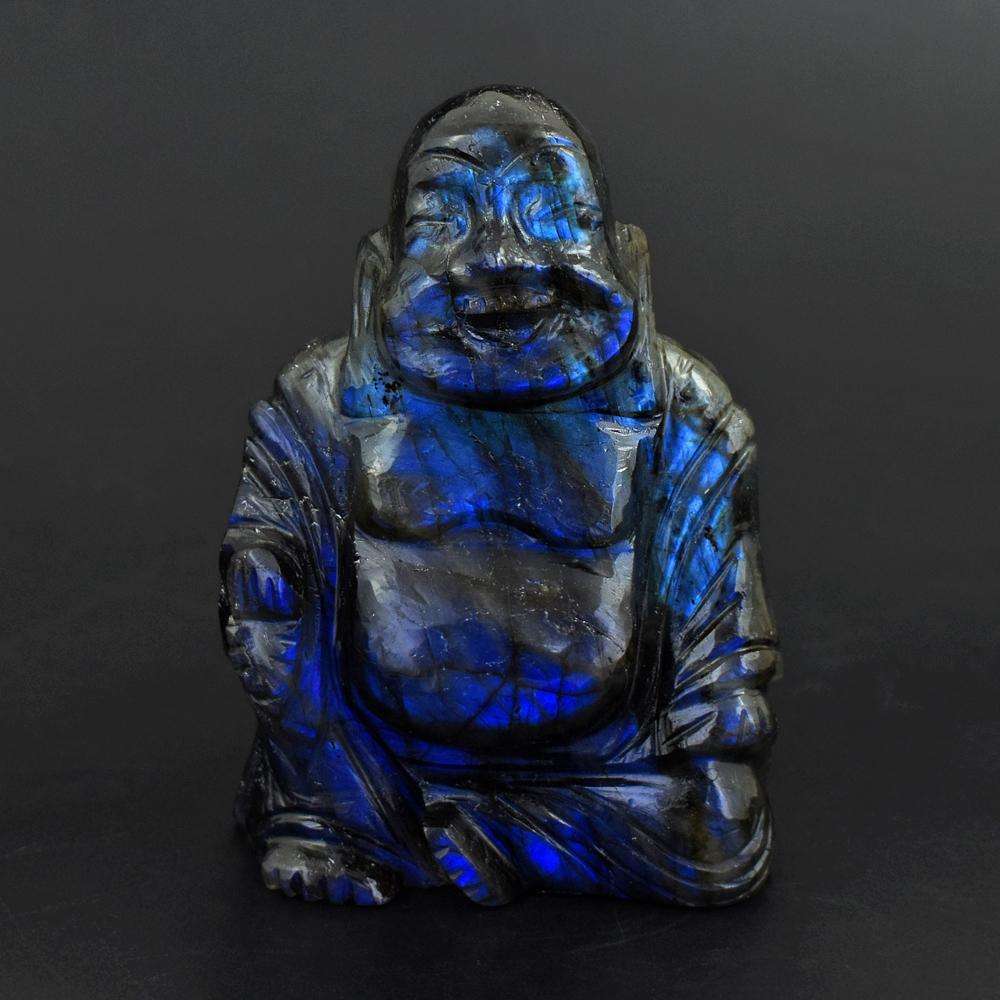 gemsmore:Craftsmen Hand Carved Blue Flash Labradorite Laughing Buddha Idol