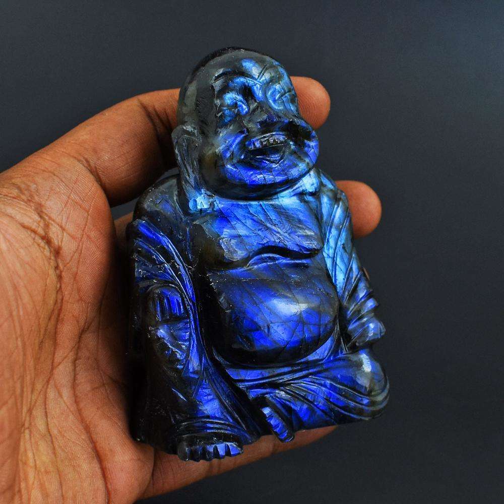 gemsmore:Craftsmen Hand Carved Blue Flash Labradorite Laughing Buddha Idol