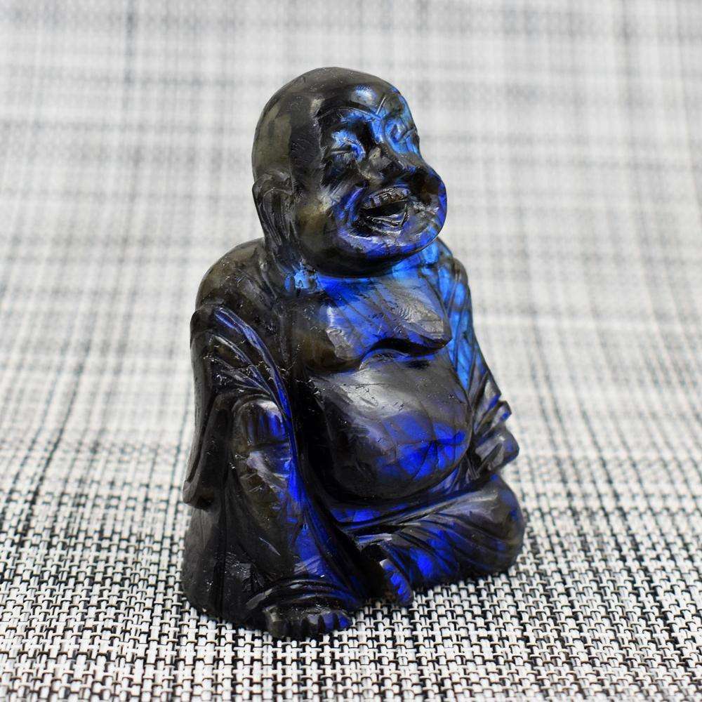 gemsmore:Craftsmen Hand Carved Blue Flash Labradorite Laughing Buddha Idol