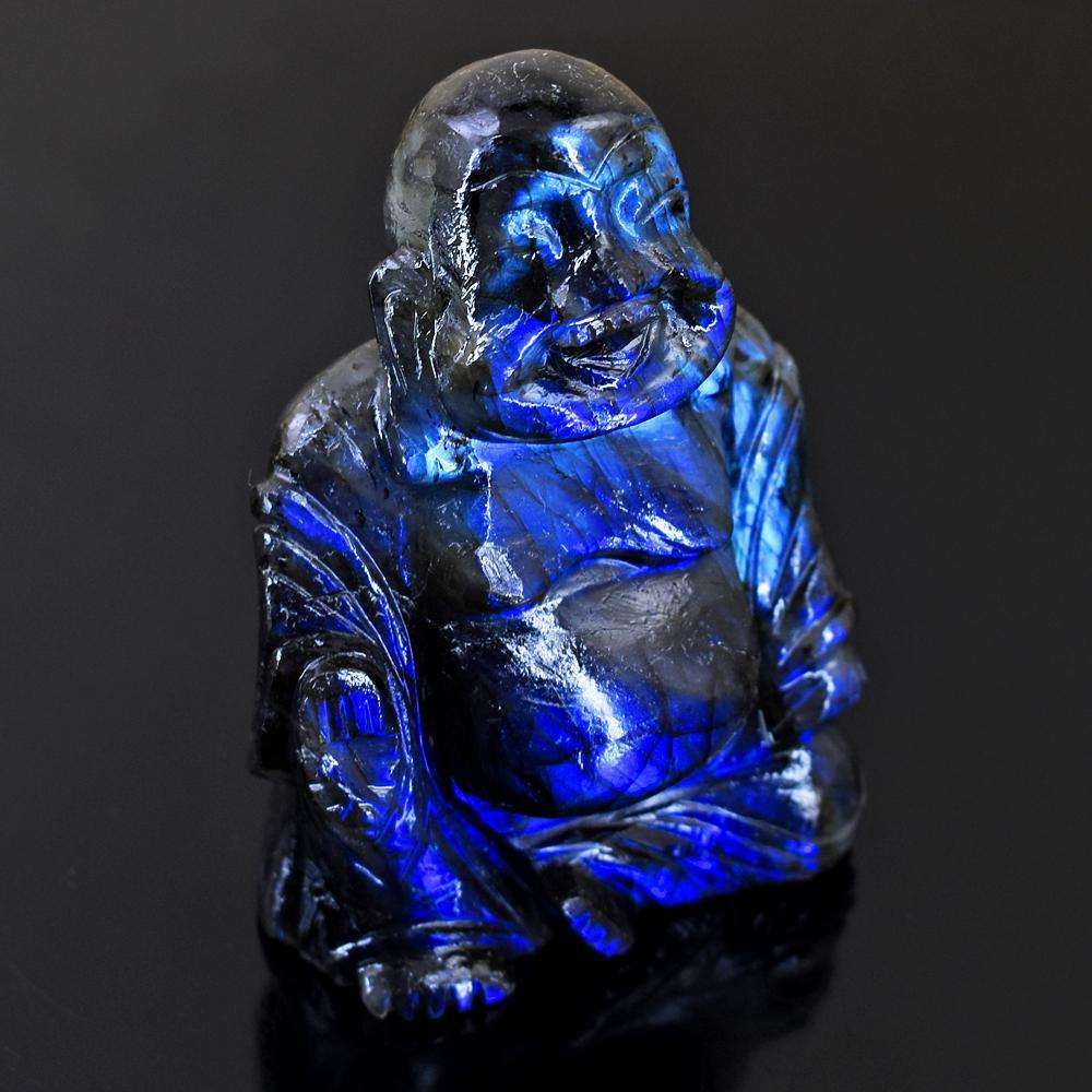 gemsmore:Craftsmen Hand Carved Blue Flash Labradorite Laughing Buddha Idol