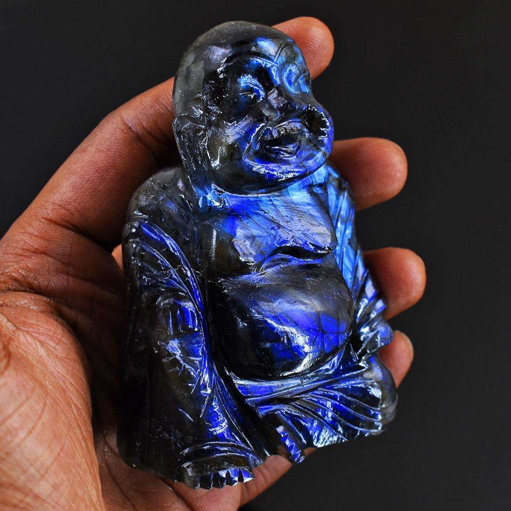 gemsmore:Craftsmen Hand Carved Blue Flash Labradorite Laughing Buddha Idol