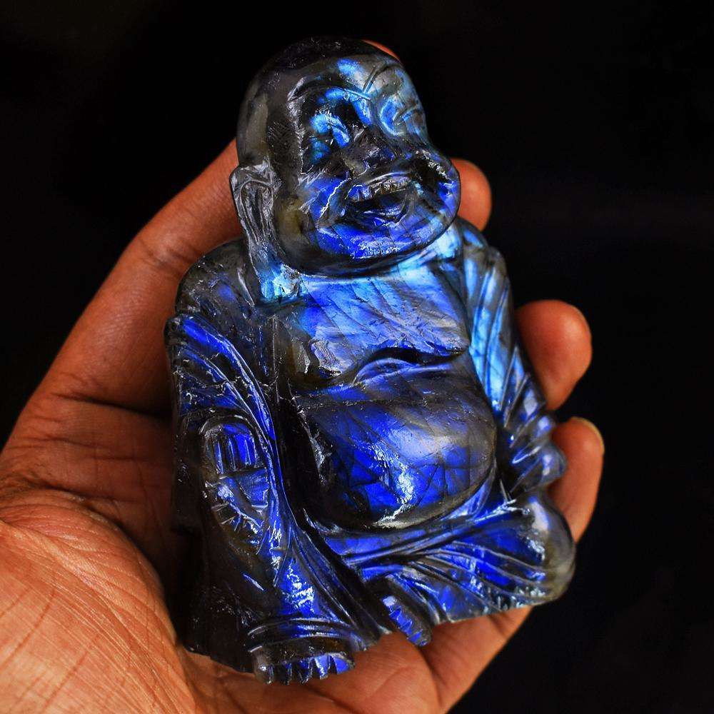 gemsmore:Craftsmen Hand Carved Blue Flash Labradorite Laughing Buddha Idol