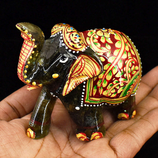 gemsmore:Craftsmen Labradorite  Enamel Printed  Hand Carved Genuine Crystal Gemstone Carving Elephant