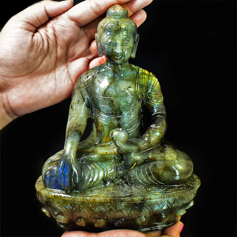 gemsmore:Craftsmen Labradorite Hand Carved Genuine Crystal Gemstone Carving Huge Lord Buddha