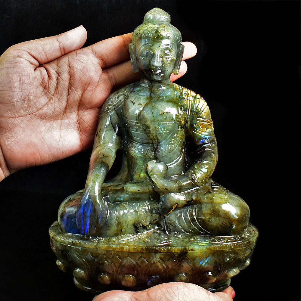 gemsmore:Craftsmen Labradorite Hand Carved Genuine Crystal Gemstone Carving Huge Lord Buddha