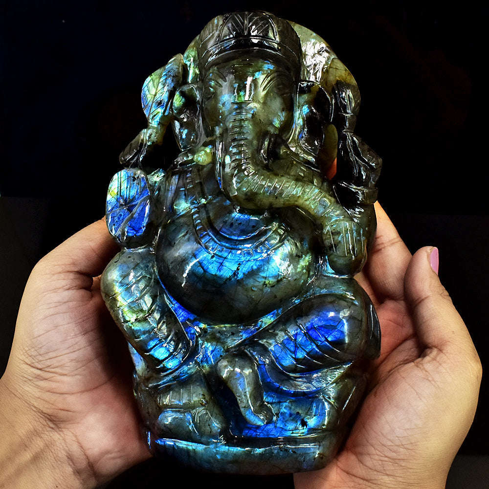 gemsmore:Craftsmen Labradorite Hand Carved Genuine Crystal Gemstone Carving Huge Lord Ganesha