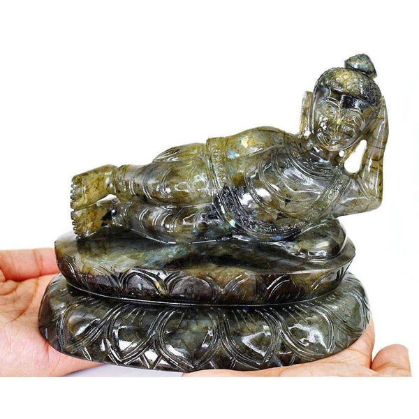 gemsmore:Craftsmen  Labradorite Hand Carved Genuine Crystal Gemstone Carving Huge Sleeping Lord Buddha