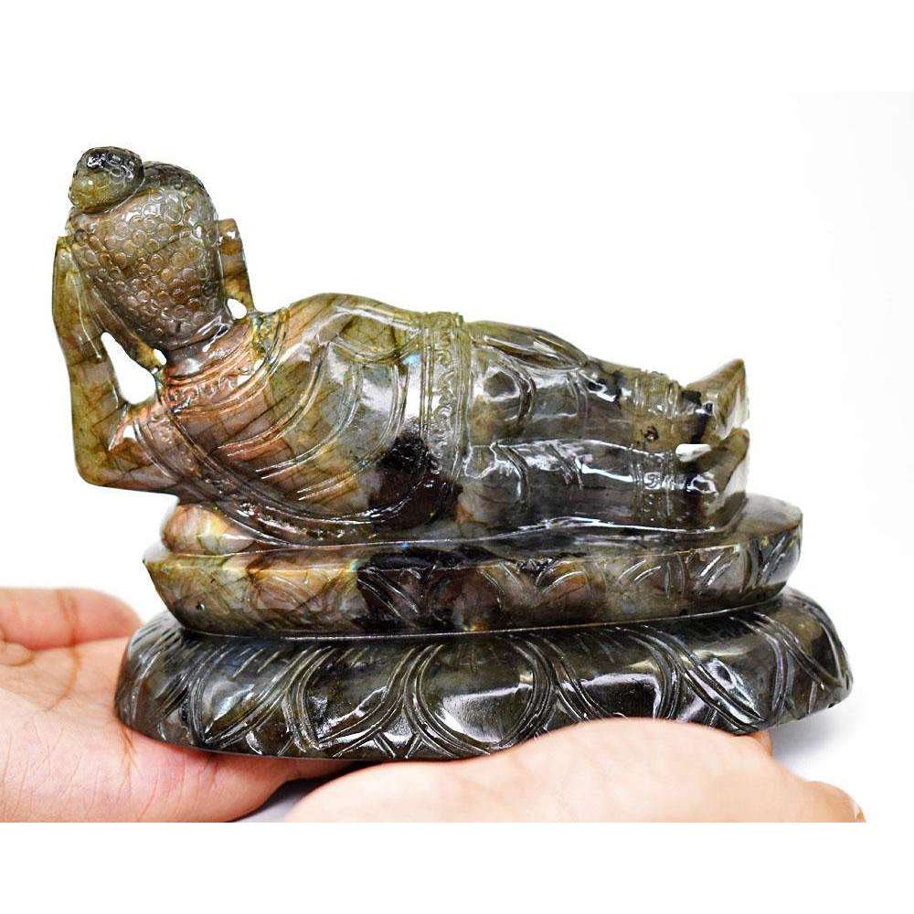 gemsmore:Craftsmen  Labradorite Hand Carved Genuine Crystal Gemstone Carving Huge Sleeping Lord Buddha