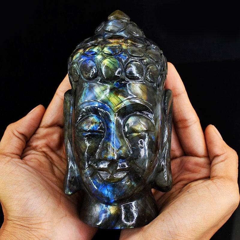 gemsmore:Craftsmen Labradorite Hand Carved Genuine Crystal Gemstone Carving Massive Buddha Head