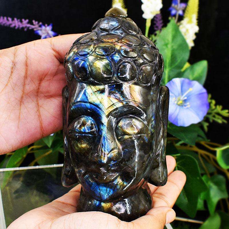 gemsmore:Craftsmen Labradorite Hand Carved Genuine Crystal Gemstone Carving Massive Buddha Head