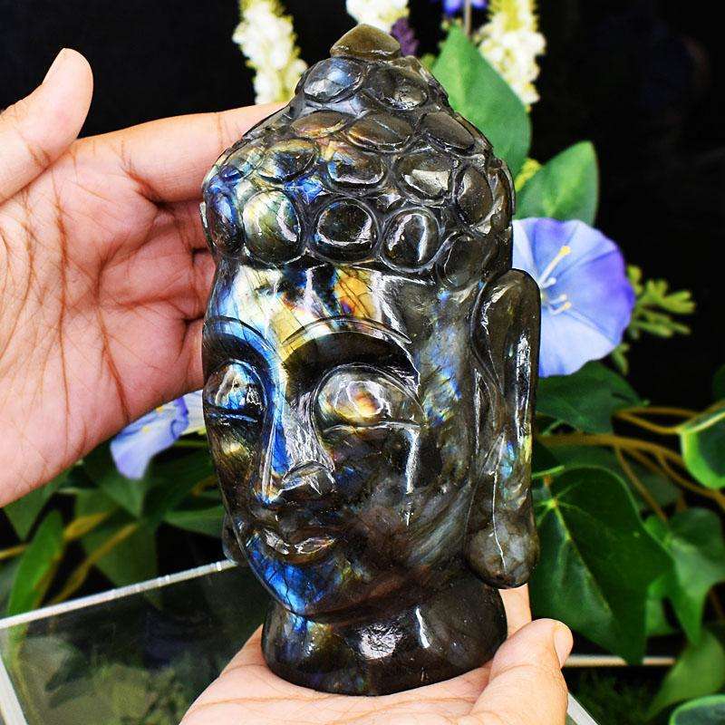 gemsmore:Craftsmen Labradorite Hand Carved Genuine Crystal Gemstone Carving Massive Buddha Head