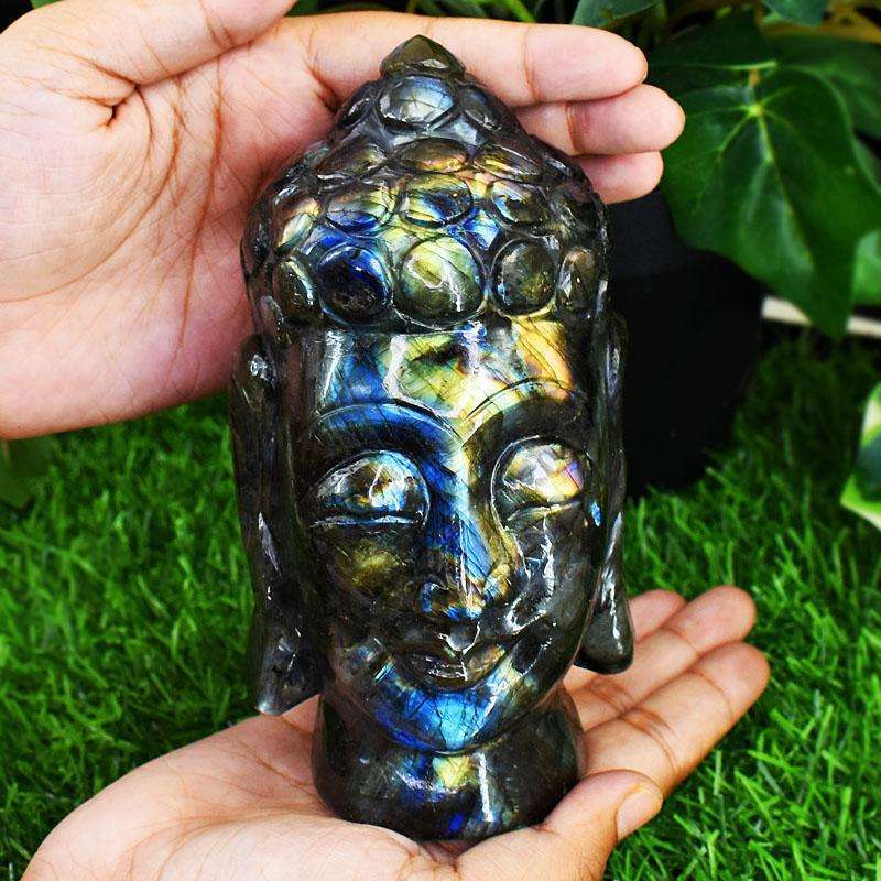 gemsmore:Craftsmen Labradorite Hand Carved Genuine Crystal Gemstone Carving Massive Buddha Head