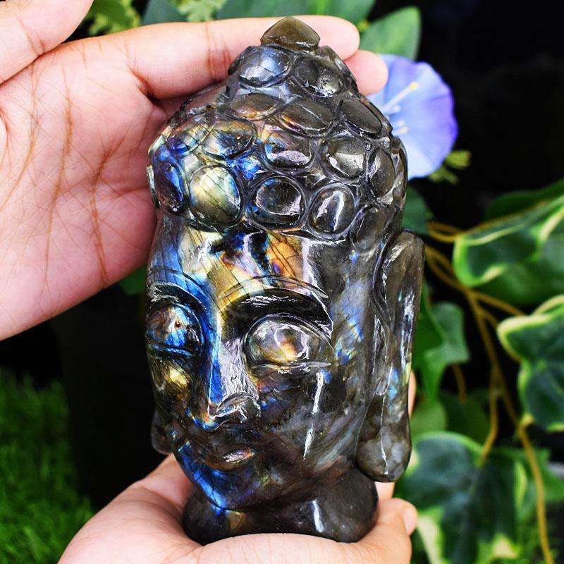 gemsmore:Craftsmen Labradorite Hand Carved Genuine Crystal Gemstone Carving Massive Buddha Head