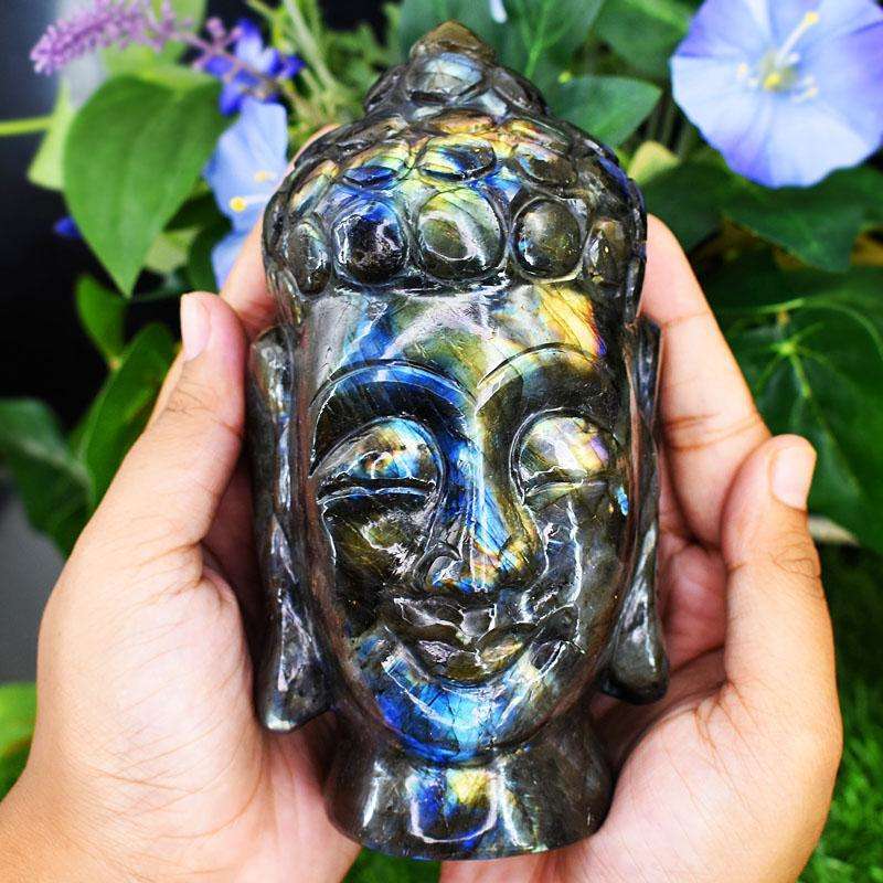 gemsmore:Craftsmen Labradorite Hand Carved Genuine Crystal Gemstone Carving Massive Buddha Head