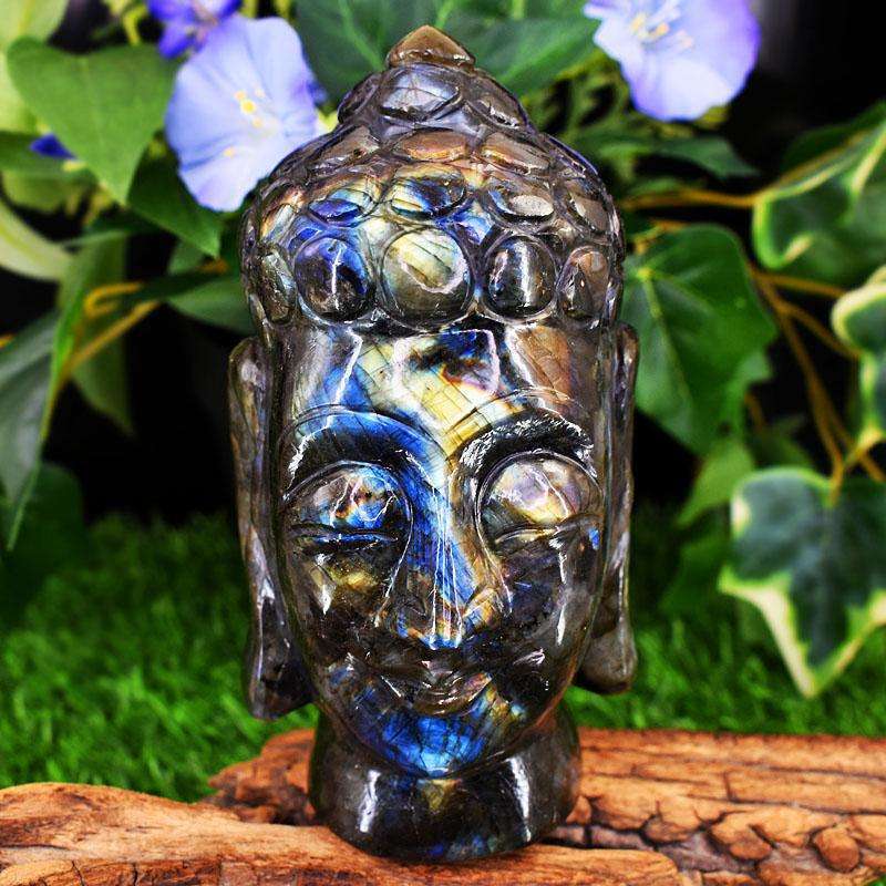 gemsmore:Craftsmen Labradorite Hand Carved Genuine Crystal Gemstone Carving Massive Buddha Head