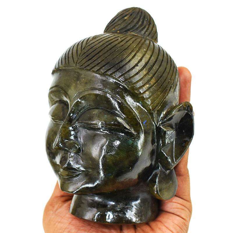 gemsmore:Craftsmen Labradorite Hand Carved Genuine Crystal Gemstone Carving Massive Buddha Head