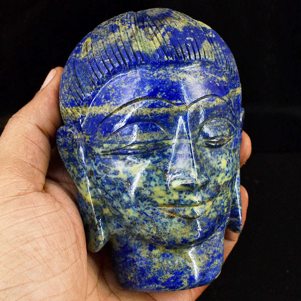 gemsmore:Craftsmen Lapis Lazuli Hand Carved Genuine Crystal Gemstone Carving Buddha Head