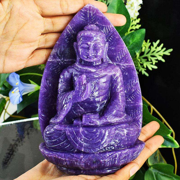 gemsmore:Craftsmen Lepidolite Hand Carved Genuine Crystal Gemstone Carving Leaf Palm Lord Buddha