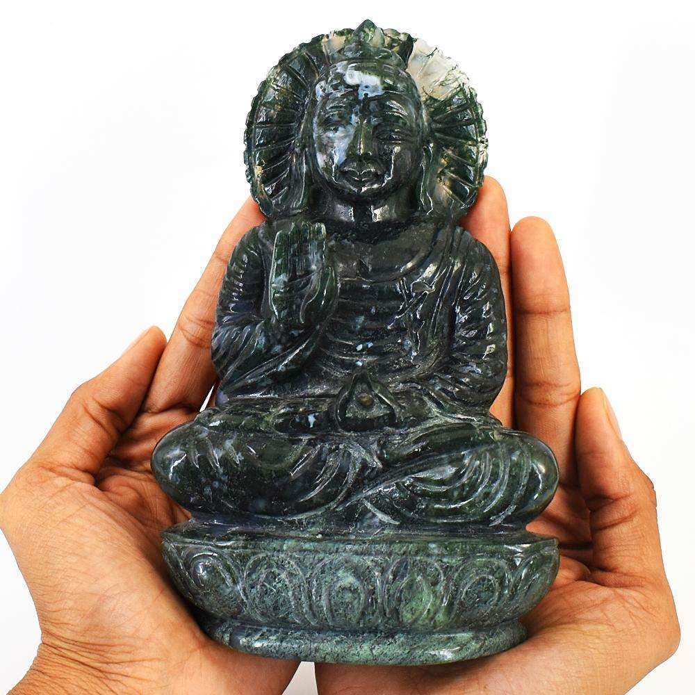 gemsmore:Craftsmen Moss Agate Hand Carved Genuine Crystal Gemstone Carving Massive Lord Buddha