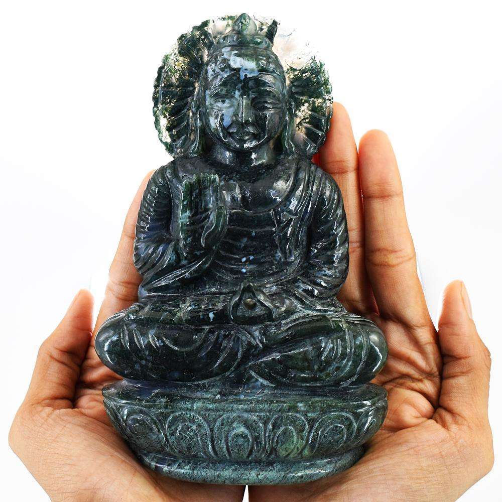 gemsmore:Craftsmen Moss Agate Hand Carved Genuine Crystal Gemstone Carving Massive Lord Buddha