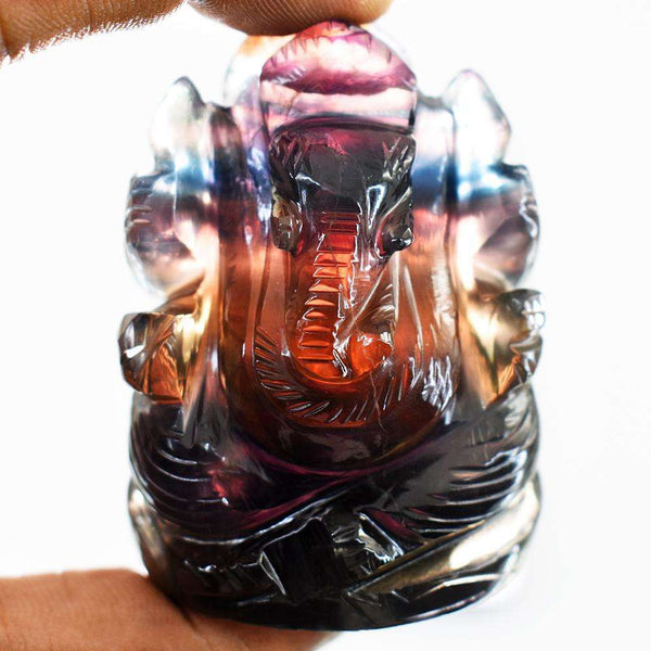 gemsmore:Craftsmen Multicolor Fluorite Hand Carved Genuine Crystal Gemstone Carving Lord Ganesha