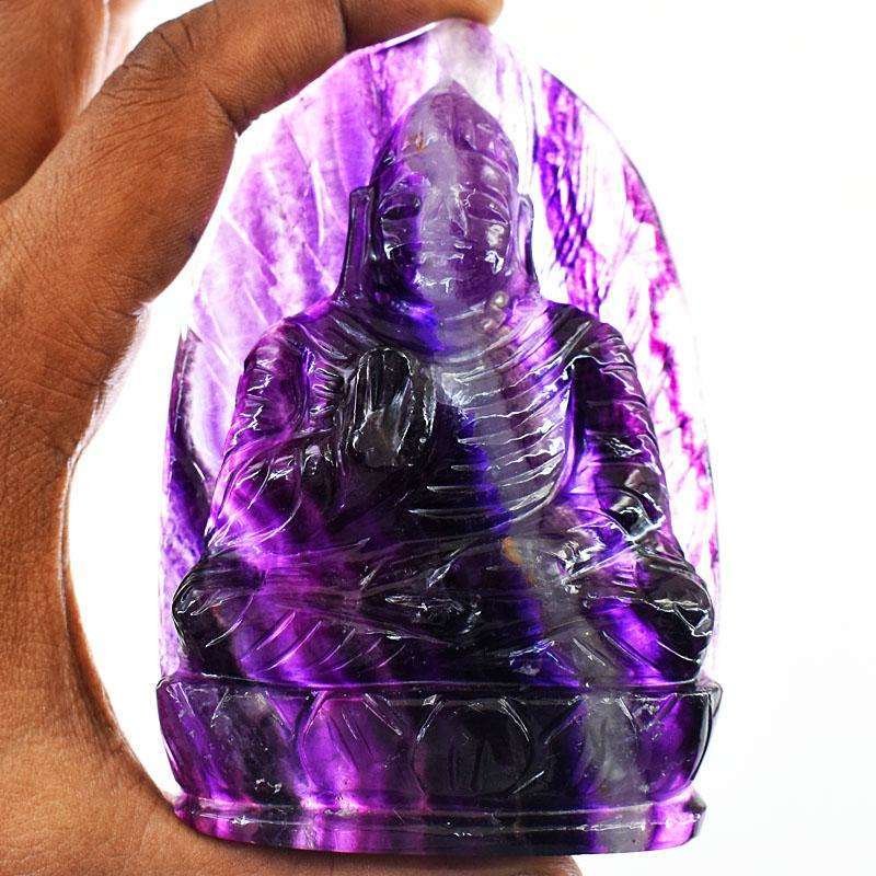 gemsmore:Craftsmen Purple Fluorite Hand Carved Genuine Crystal Gemstone Carving Leaf Palm Lord Buddha