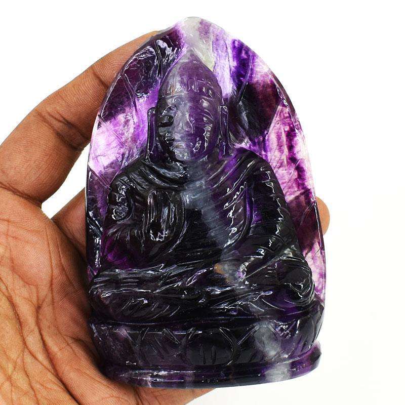 gemsmore:Craftsmen Purple Fluorite Hand Carved Genuine Crystal Gemstone Carving Leaf Palm Lord Buddha