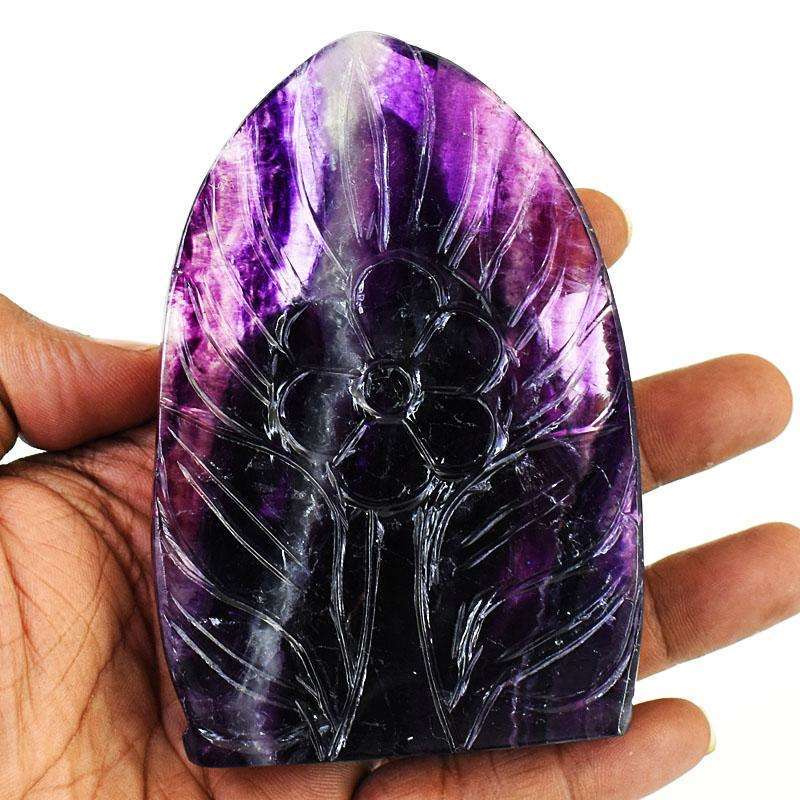 gemsmore:Craftsmen Purple Fluorite Hand Carved Genuine Crystal Gemstone Carving Leaf Palm Lord Buddha