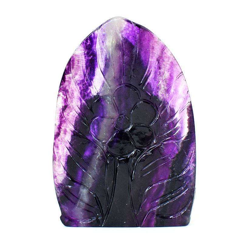 gemsmore:Craftsmen Purple Fluorite Hand Carved Genuine Crystal Gemstone Carving Leaf Palm Lord Buddha