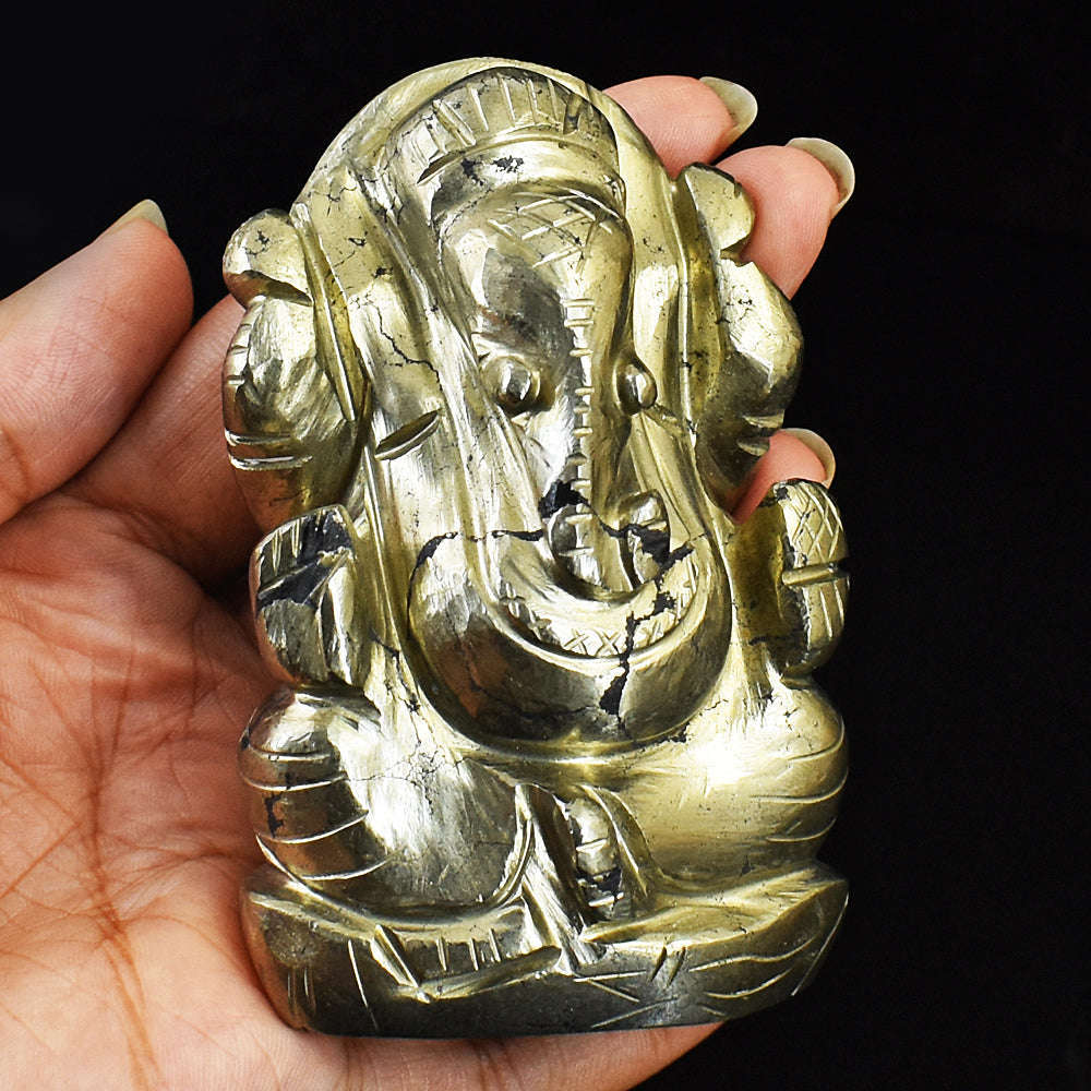 gemsmore:Craftsmen Pyrite Hand Carved Genuine Crystal Gemstone Carving Lord Ganesha