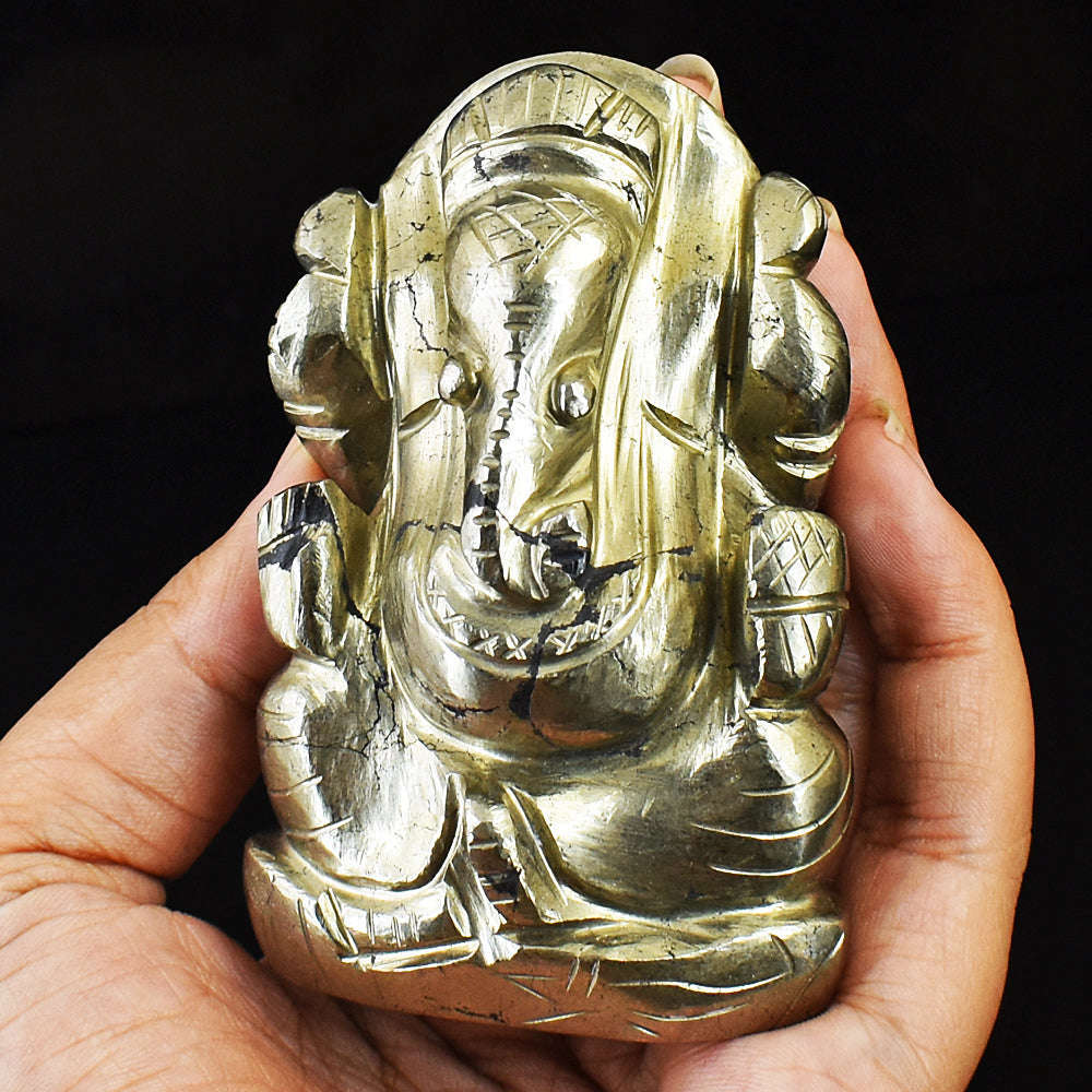 gemsmore:Craftsmen Pyrite Hand Carved Genuine Crystal Gemstone Carving Lord Ganesha