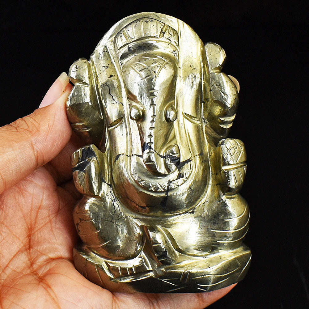 gemsmore:Craftsmen Pyrite Hand Carved Genuine Crystal Gemstone Carving Lord Ganesha