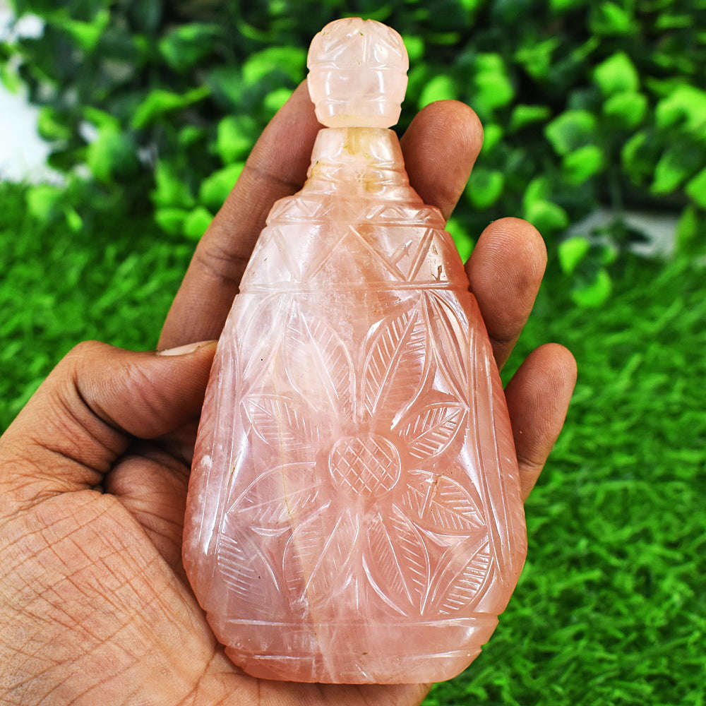 gemsmore:Craftsmen Rose Quartz  Hand Carved Genuine Crystal Gemstone Carving Perfume Bottle