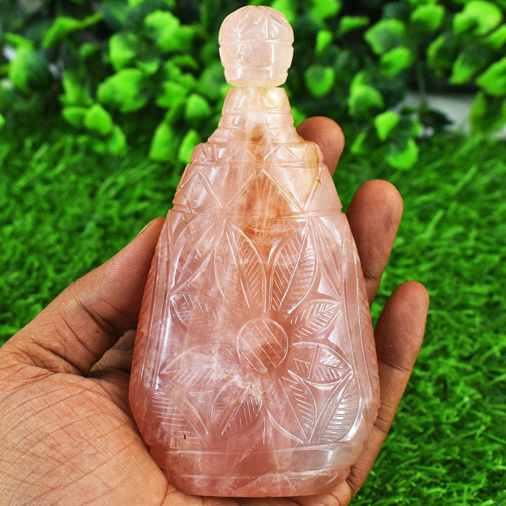 gemsmore:Craftsmen Rose Quartz  Hand Carved Genuine Crystal Gemstone Carving Perfume Bottle