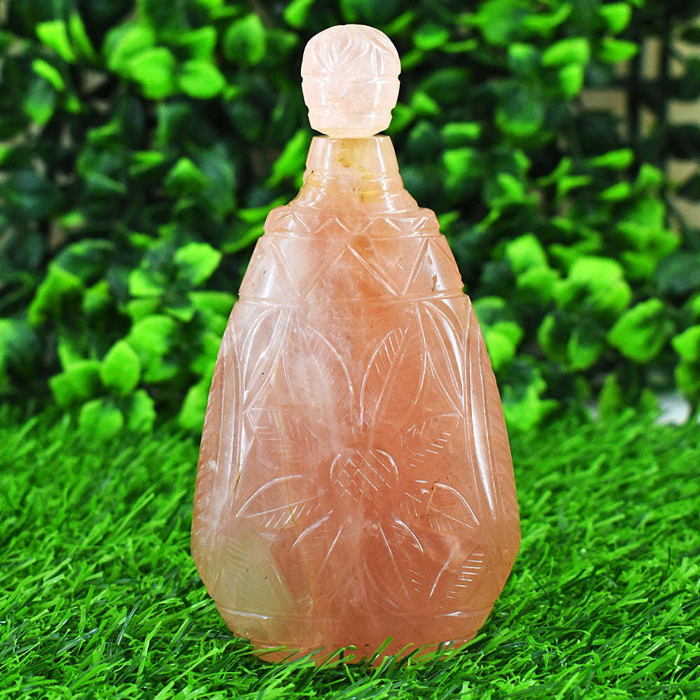 gemsmore:Craftsmen Rose Quartz  Hand Carved Genuine Crystal Gemstone Carving Perfume Bottle