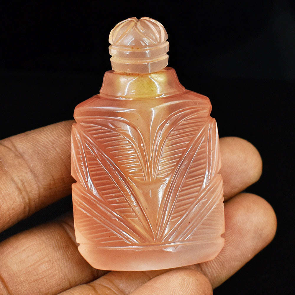 gemsmore:Craftsmen Rose Quartz  Hand Carved Genuine Crystal Gemstone Carving Perfume Bottle