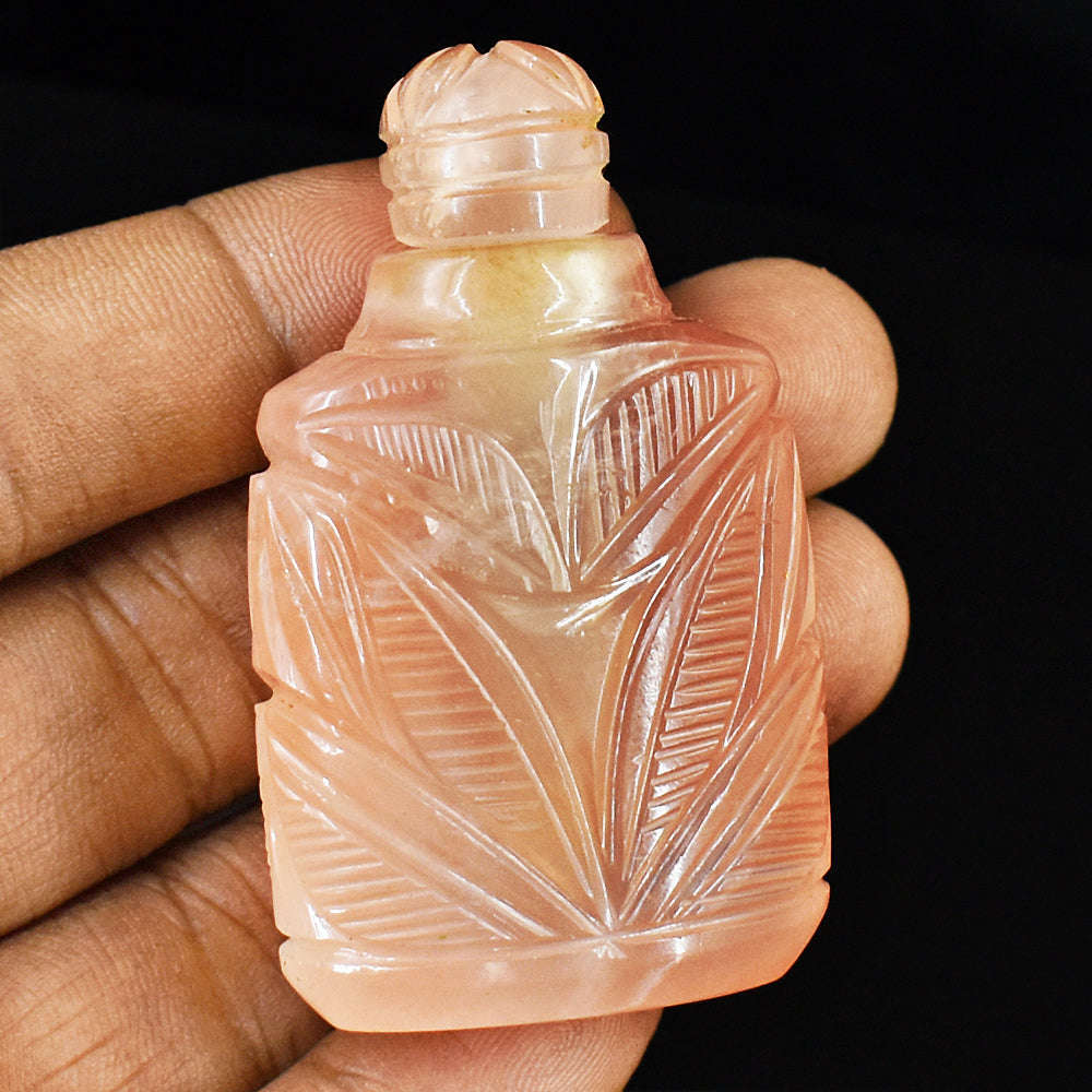 gemsmore:Craftsmen Rose Quartz  Hand Carved Genuine Crystal Gemstone Carving Perfume Bottle