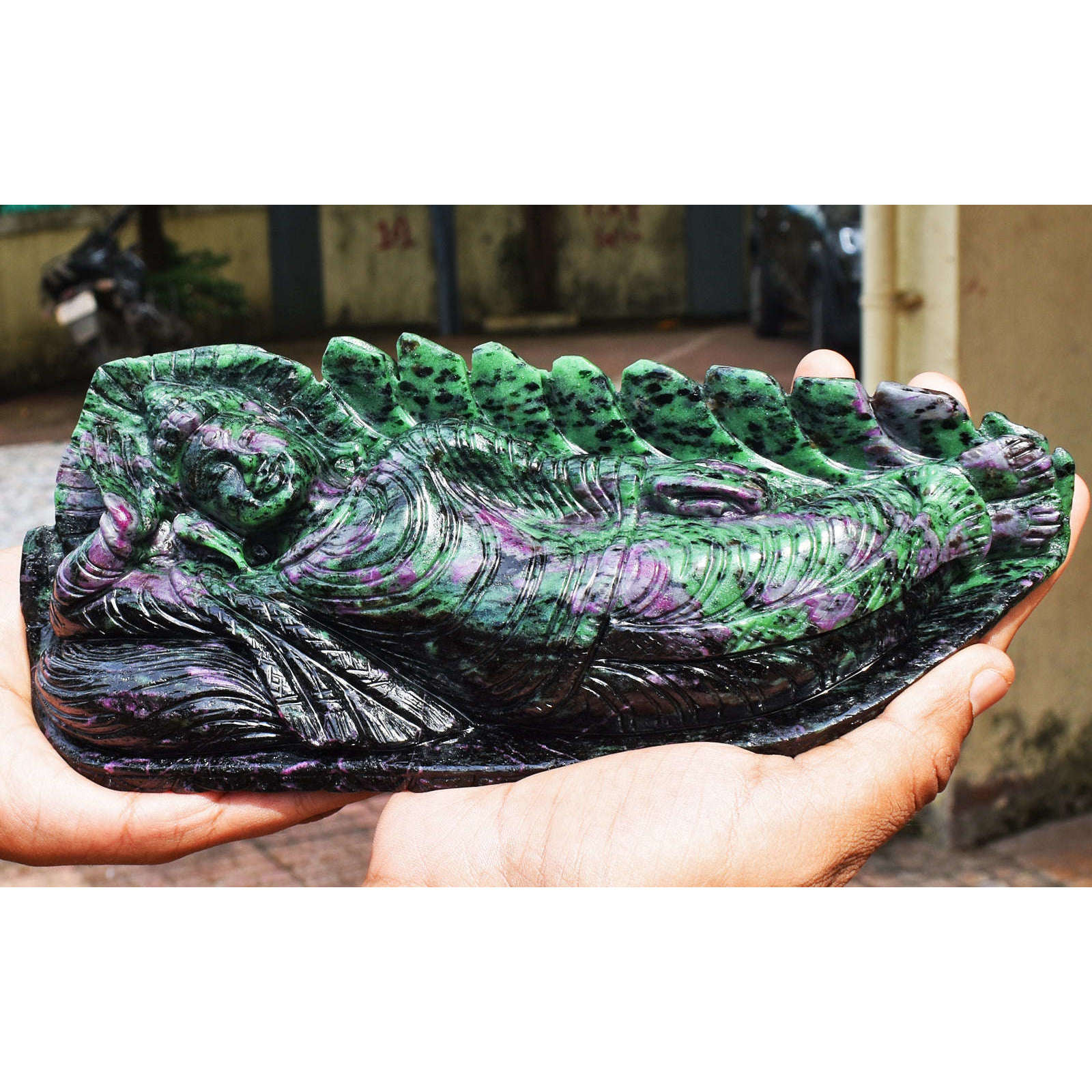 gemsmore:Craftsmen  Ruby Zoisite Hand Carved Genuine Crystal Gemstone Carving Huge Sleeping Lord Buddha