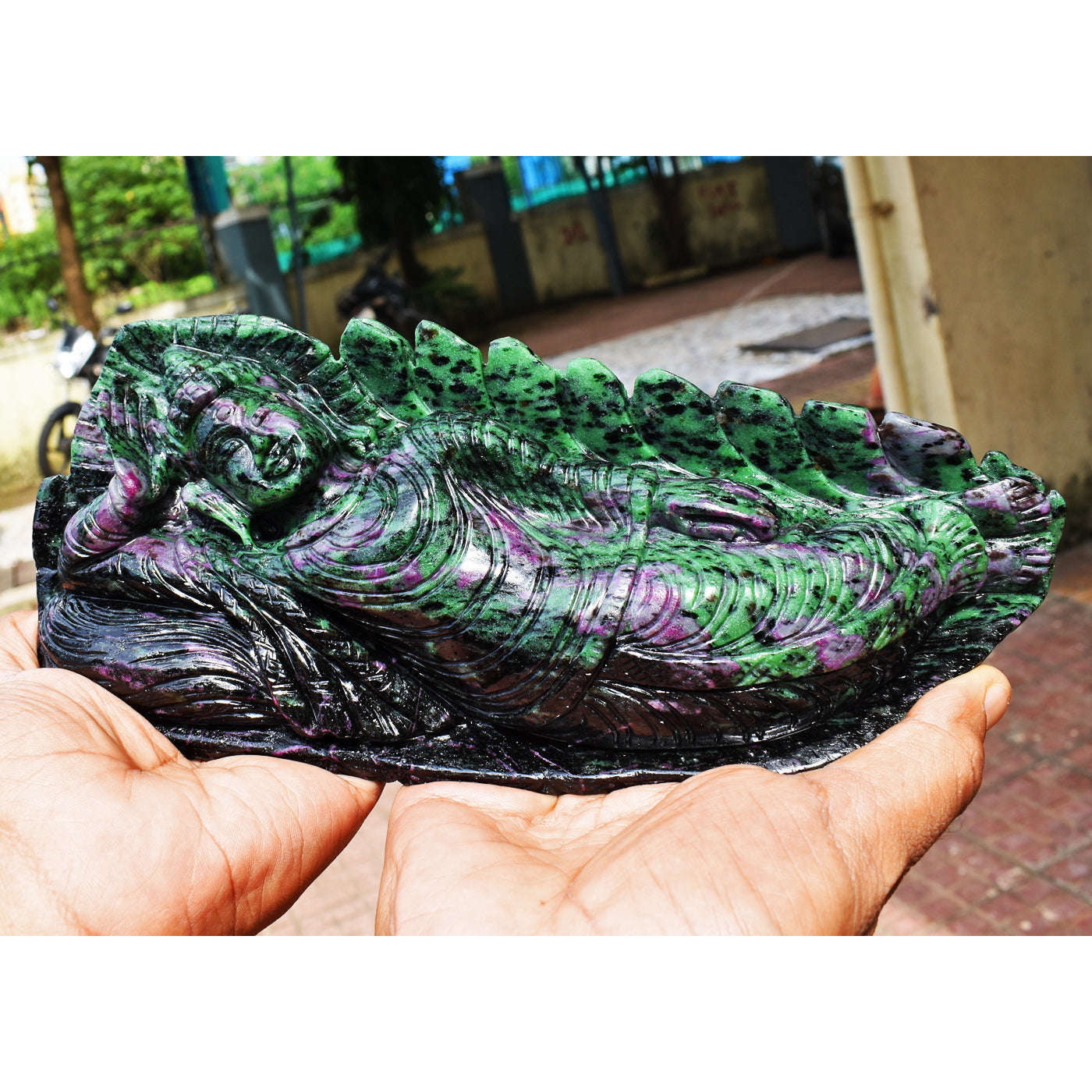 gemsmore:Craftsmen  Ruby Zoisite Hand Carved Genuine Crystal Gemstone Carving Huge Sleeping Lord Buddha