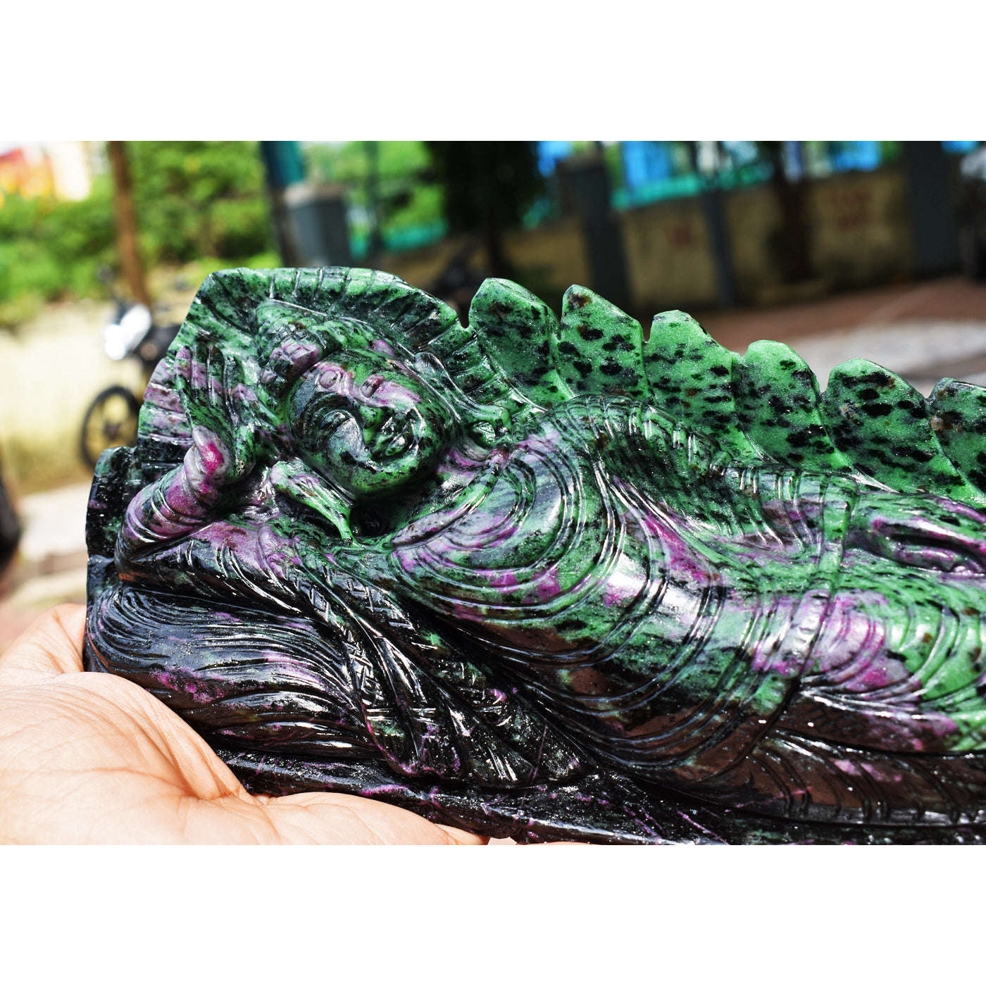 gemsmore:Craftsmen  Ruby Zoisite Hand Carved Genuine Crystal Gemstone Carving Huge Sleeping Lord Buddha