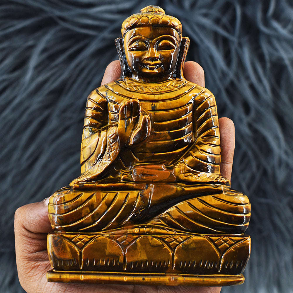 gemsmore:Craftsmen Tiger Eye Hand Carved Genuine Crystal Gemstone Carving Lord Buddha