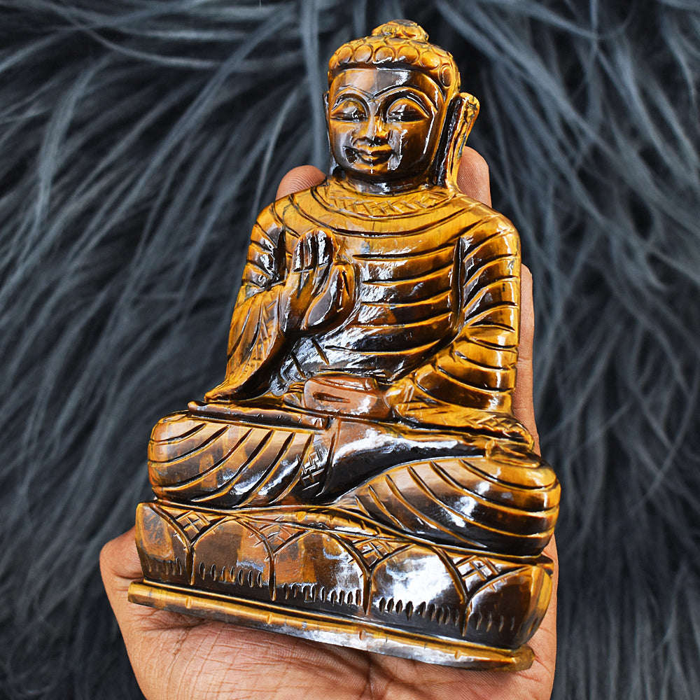 gemsmore:Craftsmen Tiger Eye Hand Carved Genuine Crystal Gemstone Carving Lord Buddha