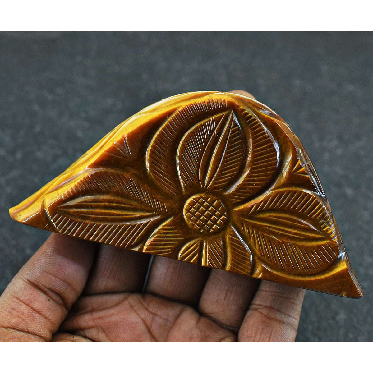 gemsmore:Craftsmen Tiger Eye  Hand Carved Genuine Crystal Gemstone Carving Mughal Carved Cabochon