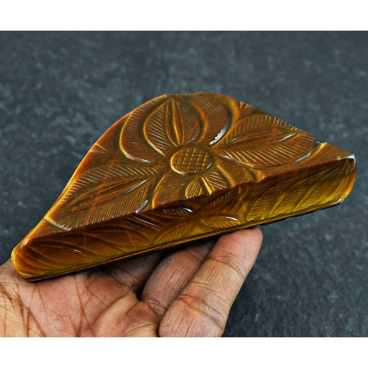 gemsmore:Craftsmen Tiger Eye  Hand Carved Genuine Crystal Gemstone Carving Mughal Carved Cabochon