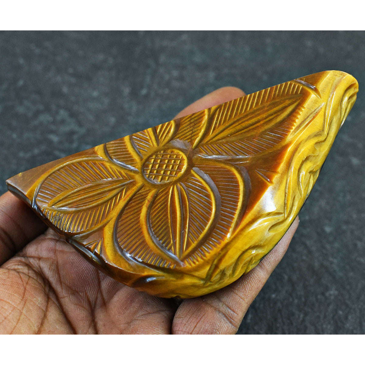 gemsmore:Craftsmen Tiger Eye  Hand Carved Genuine Crystal Gemstone Carving Mughal Carved Cabochon